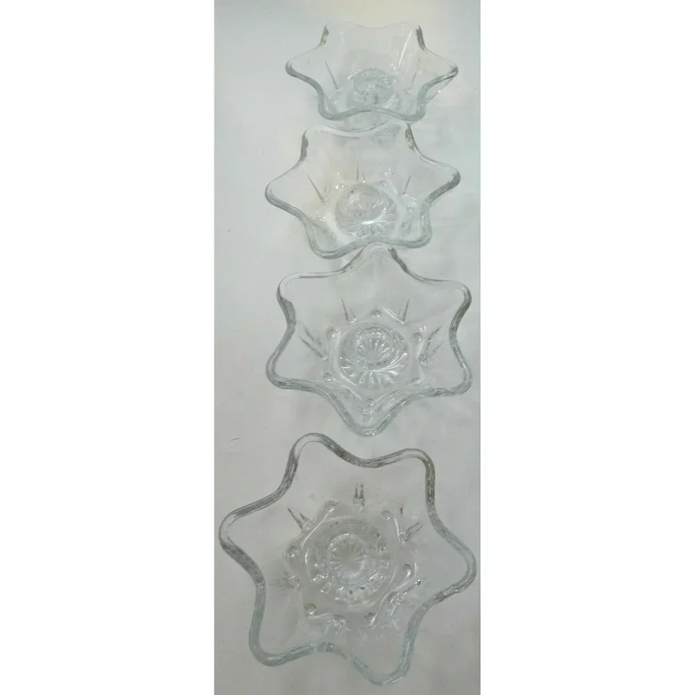 Set of 4 Candle holders Star-Shaped Clear Glass 6-points Taper Vintage